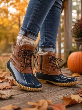 Aquatherm Rayna Duck Boots Brown & Navy Waterproof Ankle Boots Size 6